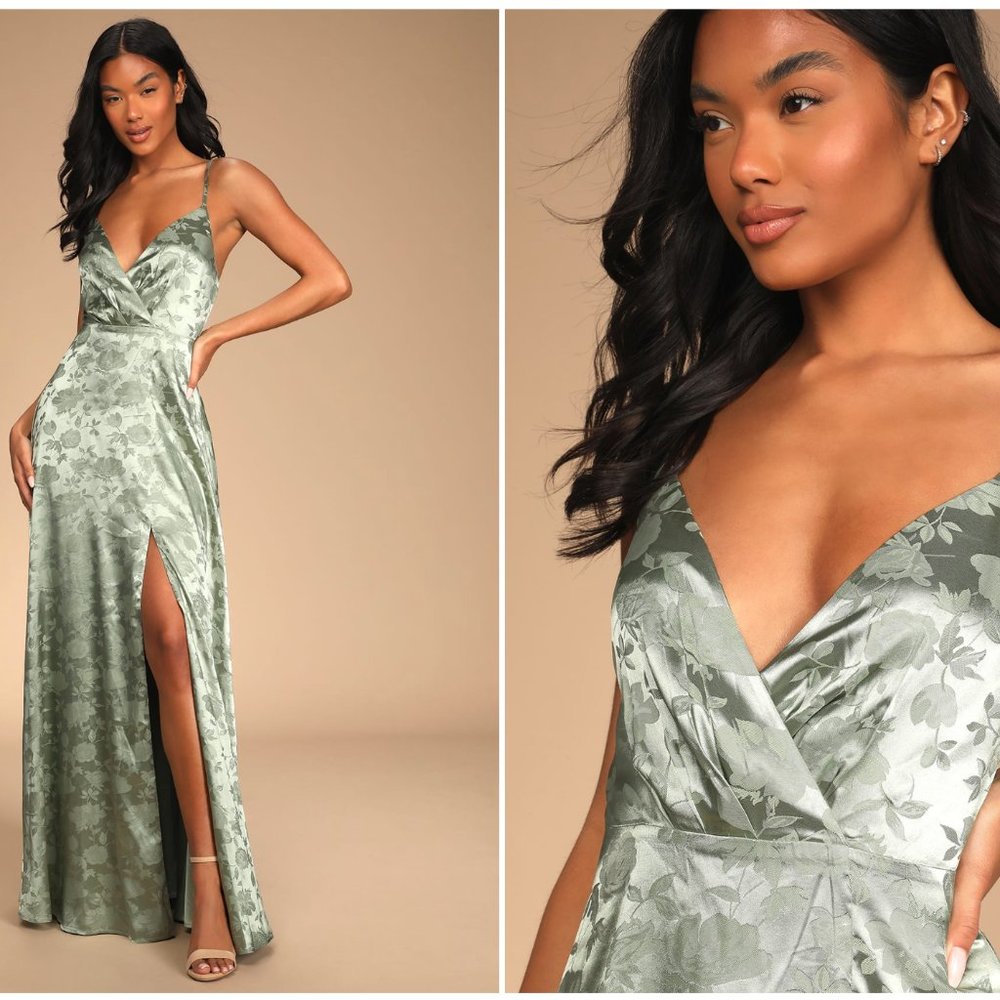 NWT Forever Exquisite Sage Green Satin Surplice Maxi Dress size M